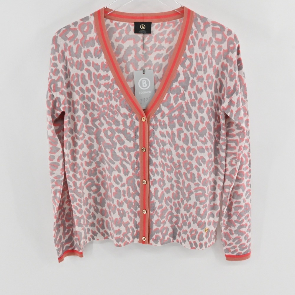 Bogner Rena Cardigan Sweater Womens Size M Coral Pink Grey Virgin Wool‎ Leopard